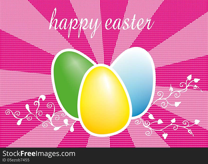 Three colored easter eggs illustration on pink rays background