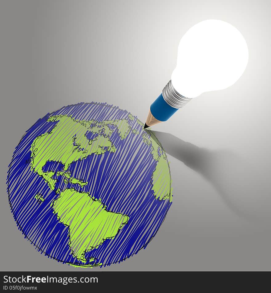 Pencil creative light bulb head drawing the earth as concept