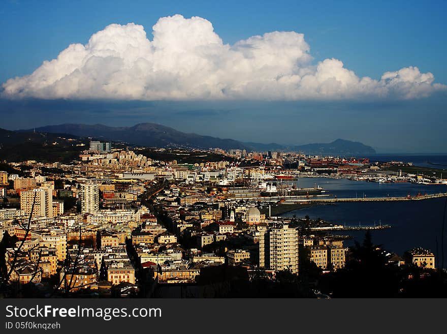 Genova view from the west precisely from the heights of Pegli right opposite the airport. Genova view from the west precisely from the heights of Pegli right opposite the airport