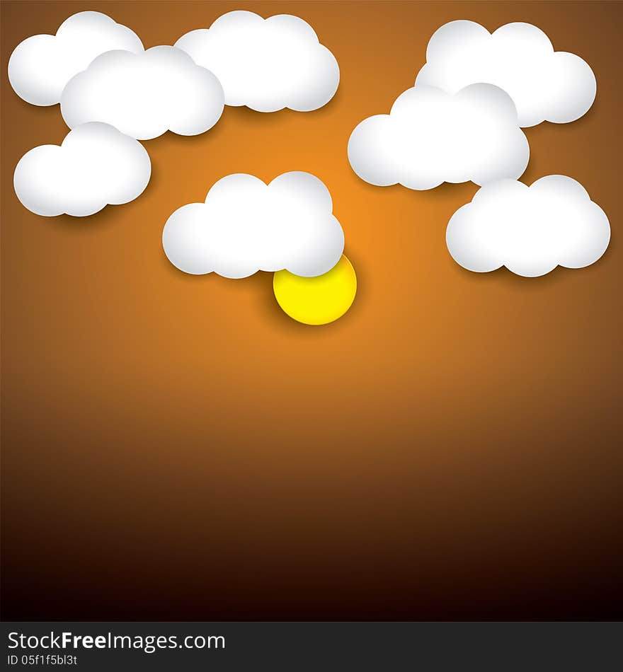 Sky background- white paper clouds & evening sky with sun. The graphic illustration consists of orange sky and white clouds representing early morning/evening