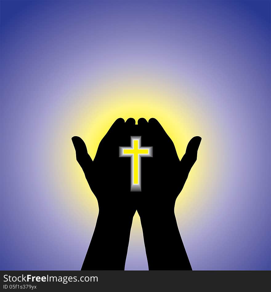 Person praying or worshiping with cross in hand - illustration