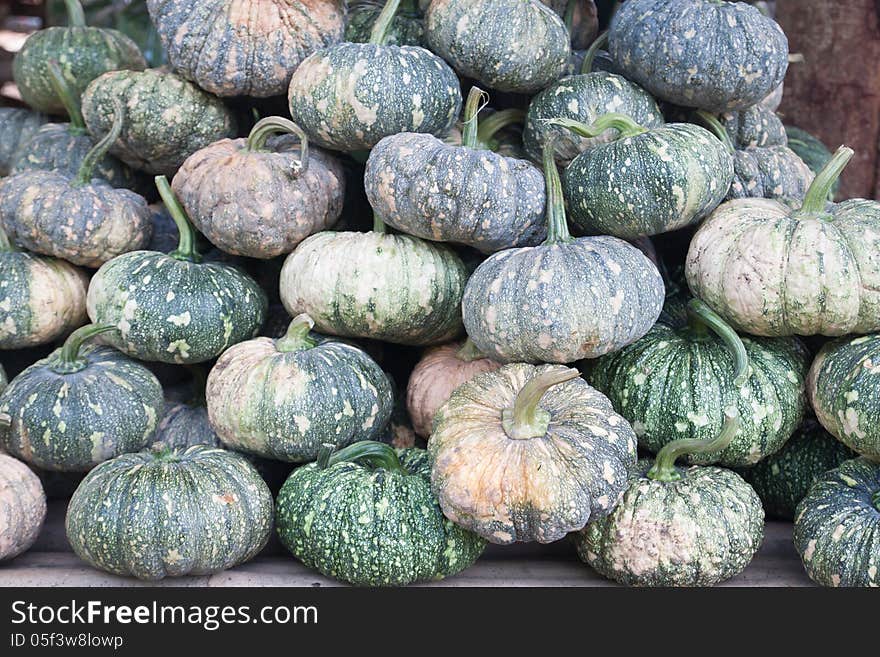 Green pumpkin fruits for sale on the road side