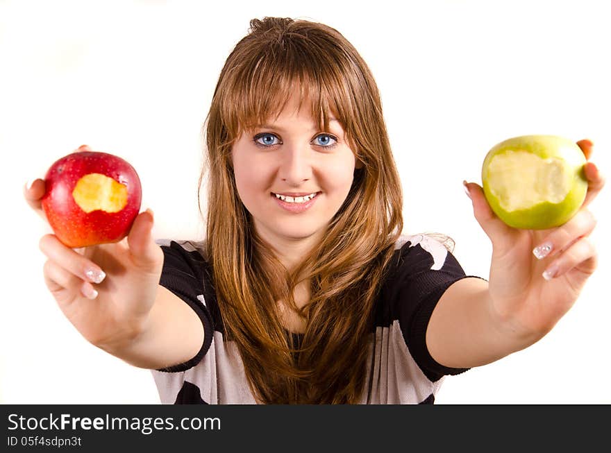 Teen girl is holding two apples. Teen girl is holding two apples