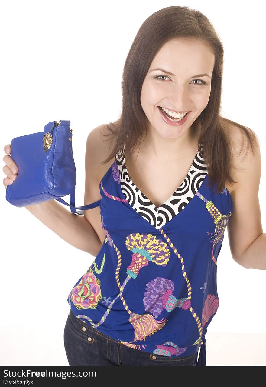 Portrait of beauty young woman with hand bag isolated