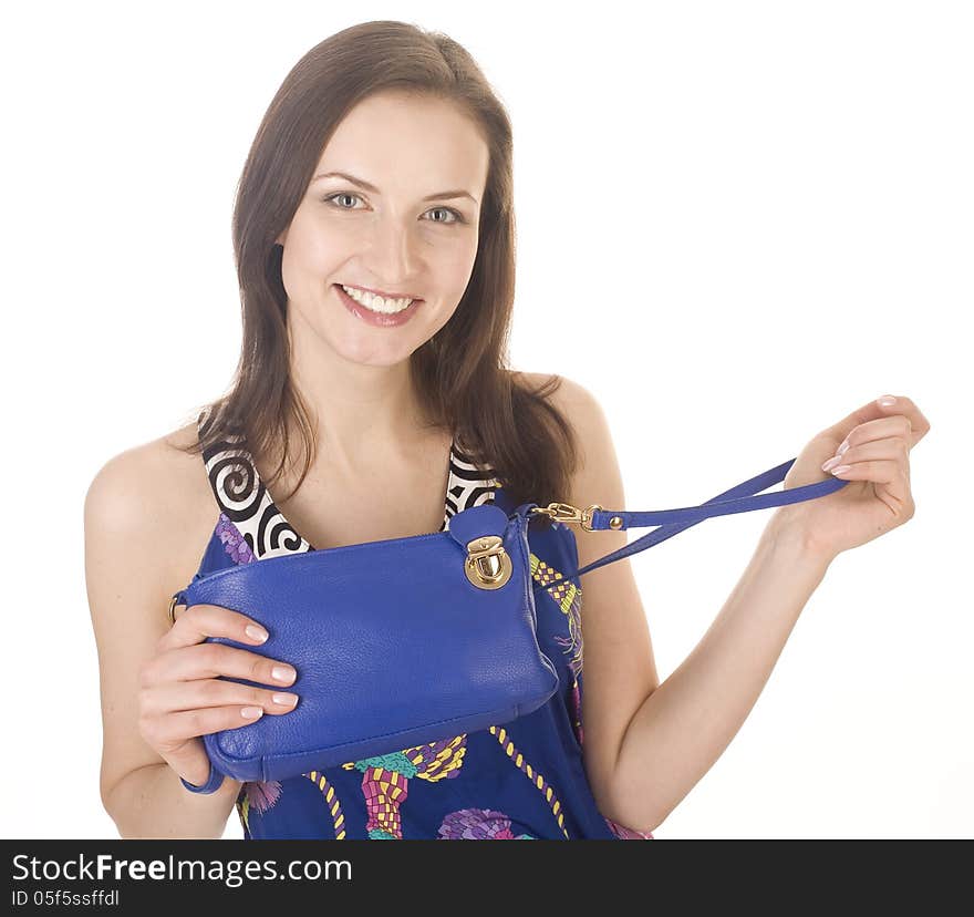 Portrait of beauty young woman with hand bag isolated