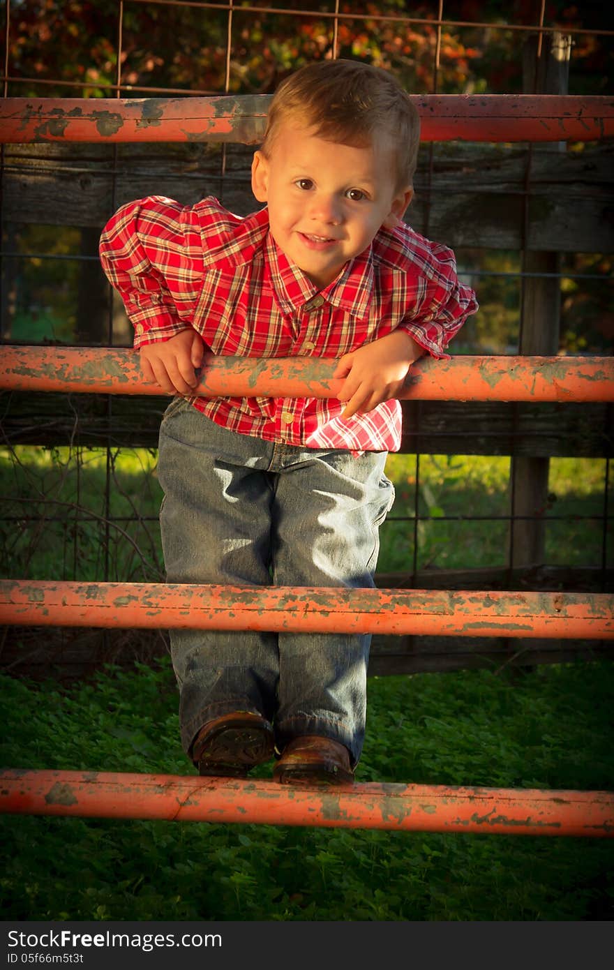 A young boy smiles as he climbs the corral fence. A young boy smiles as he climbs the corral fence