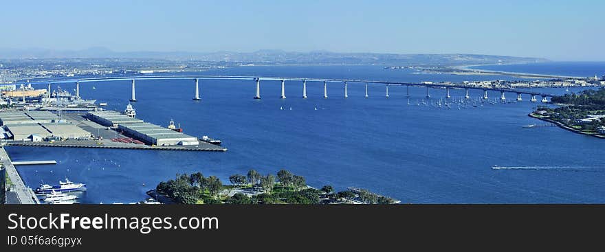 Beautiful panoramic view of San Diego Bay and Coronado Bridge on clear sunny day