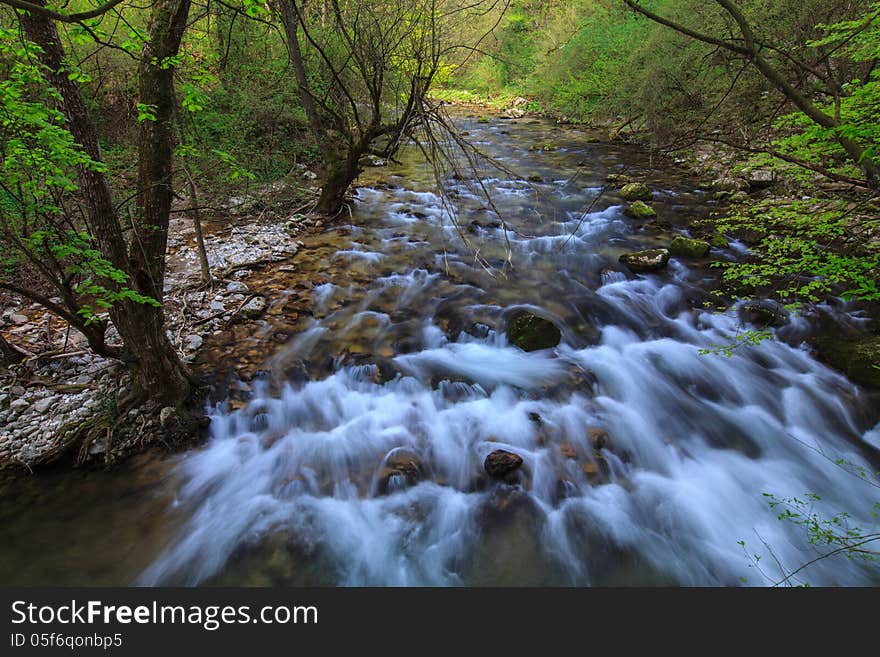 Mountain stream and waterfalls in the forest in spring