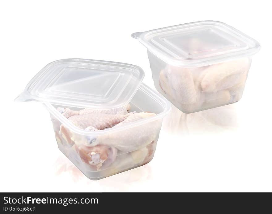 Plastic food storage box whit chiken on white background. Plastic food storage box whit chiken on white background