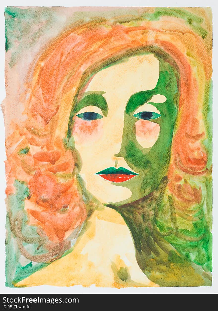 Hand drawn watercolor illustration of beautiful woman looking melancholic. Hand drawn watercolor illustration of beautiful woman looking melancholic