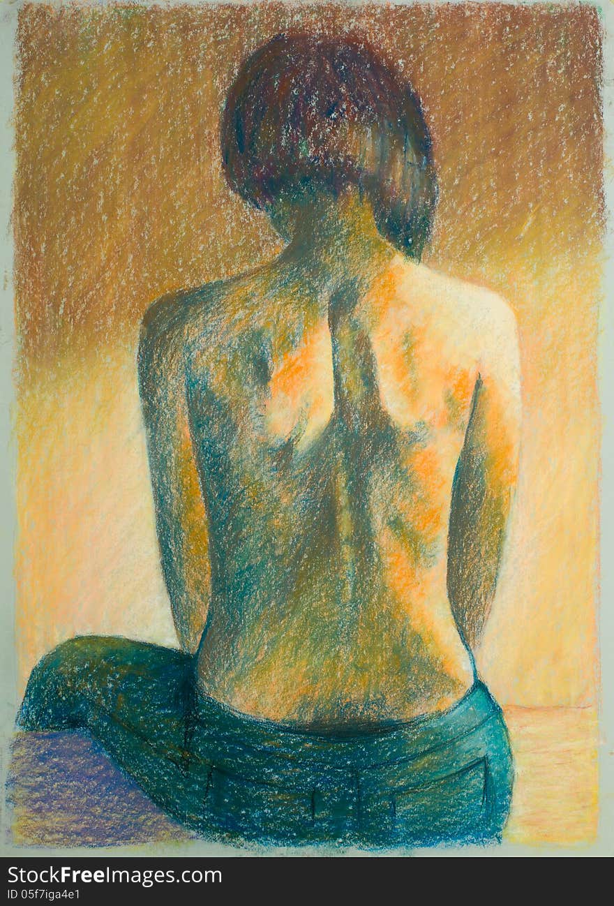 Hand drawn pencil illustration of woman's back with a straight pose in beautiful warm lighting. Hand drawn pencil illustration of woman's back with a straight pose in beautiful warm lighting