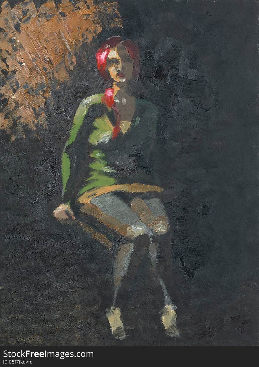 Painting of woman sitting in the dark