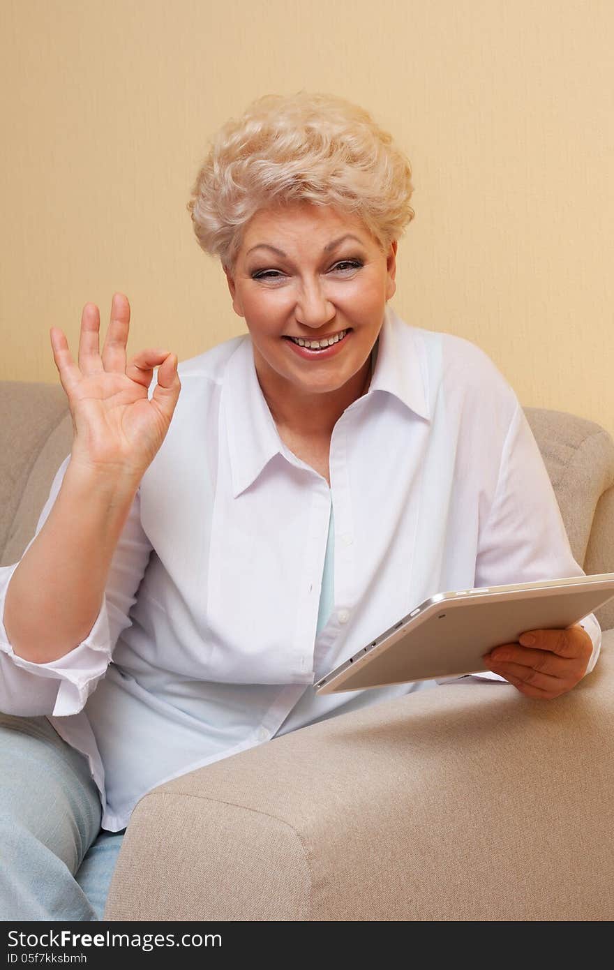 Senior woman sitting on sofa smiling with laptop and show OK. Senior woman sitting on sofa smiling with laptop and show OK