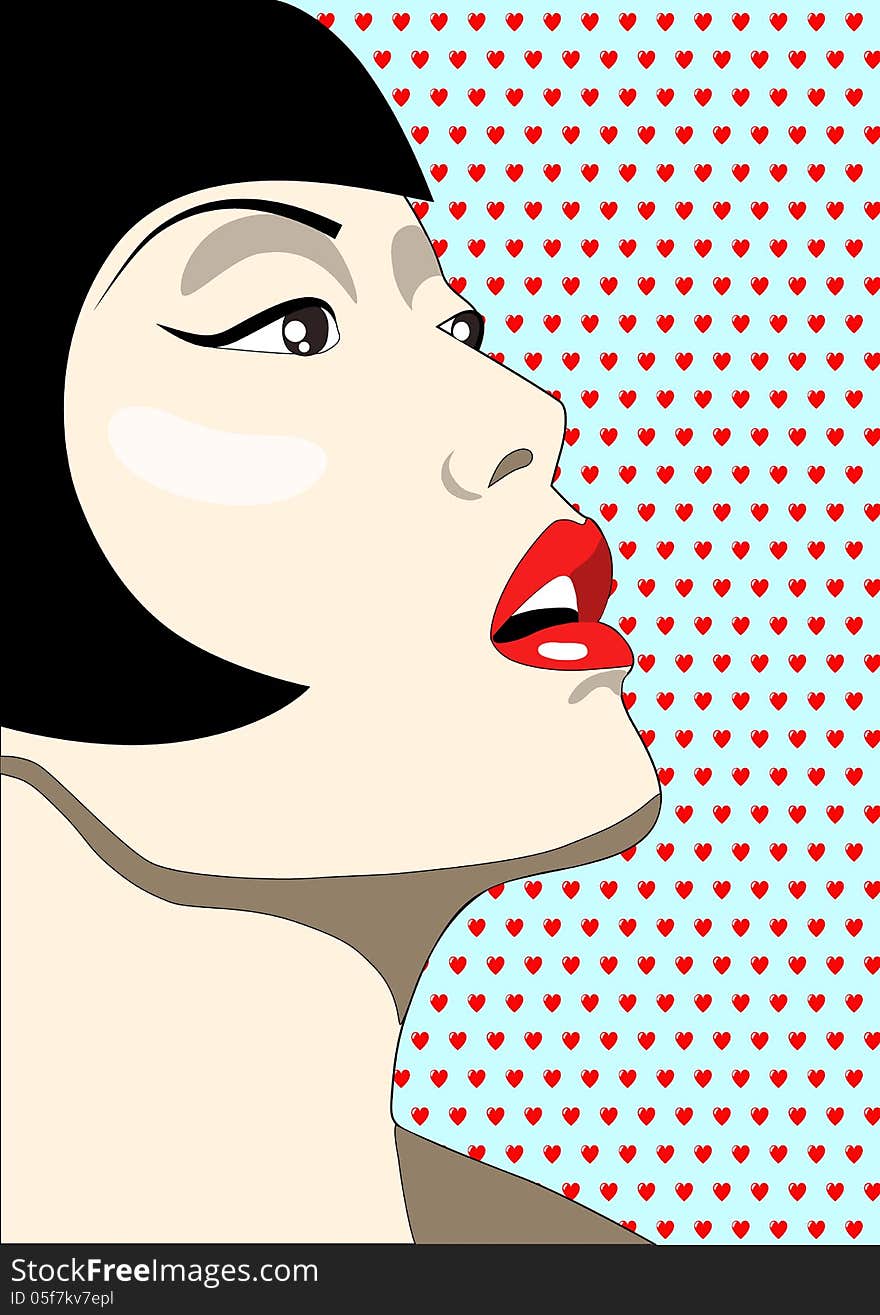 Portrait vector illustration of beautiful brunette woman, posing, on a red hearts pattern background. Portrait vector illustration of beautiful brunette woman, posing, on a red hearts pattern background