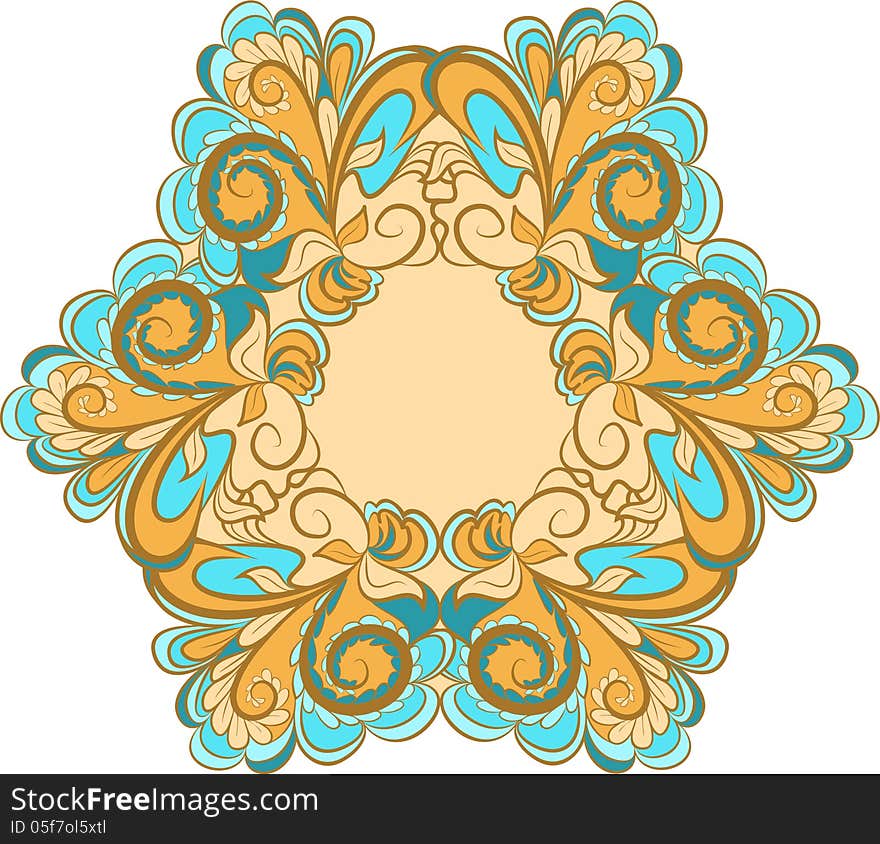 Abstract hexagonal cyan-beige frame with floral ornament. Abstract hexagonal cyan-beige frame with floral ornament