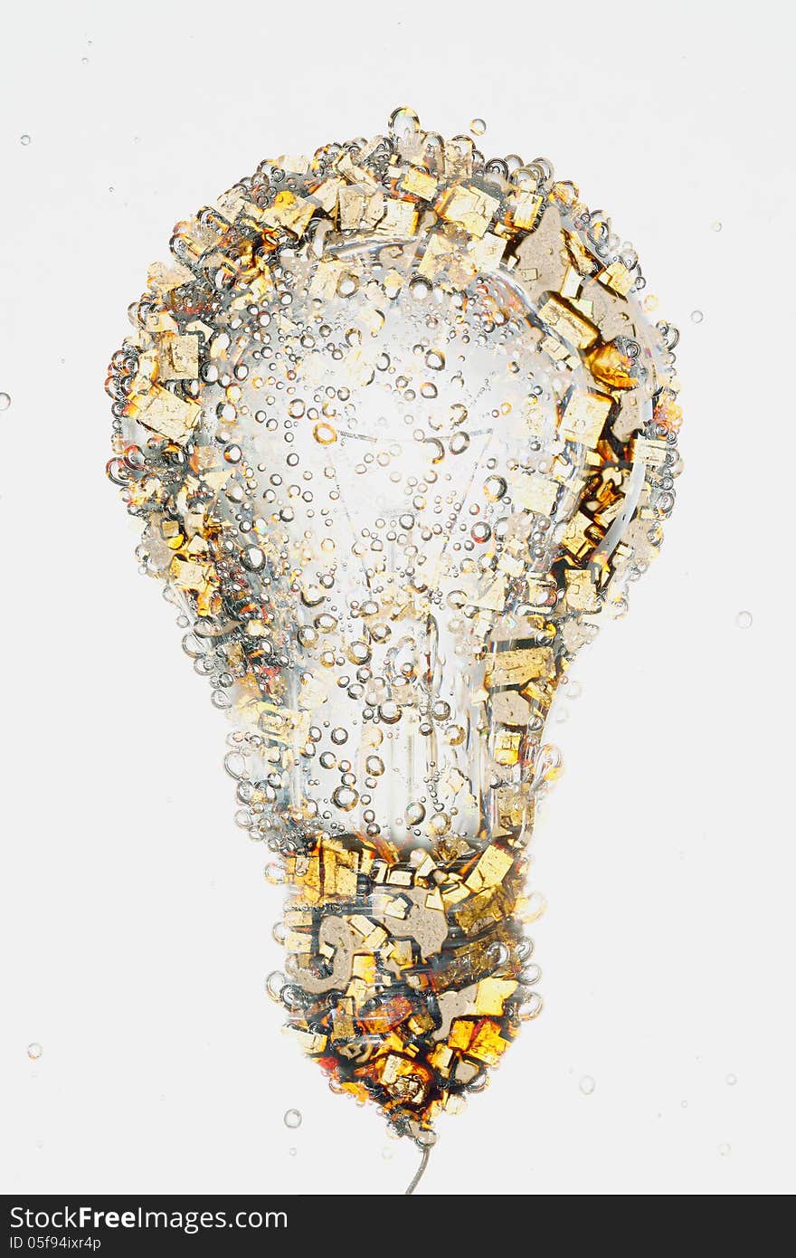 An electric light bulb composed with a closeup picture of small crystals of light brown and yellowish color. An electric light bulb composed with a closeup picture of small crystals of light brown and yellowish color