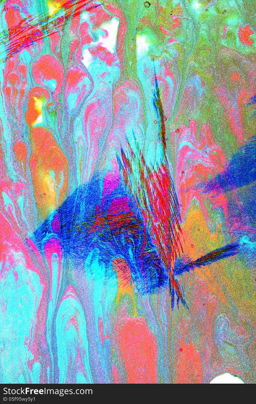 Composing of an abstract painting and a closeup of melting icecrystals seen in polarised light. Composing of an abstract painting and a closeup of melting icecrystals seen in polarised light