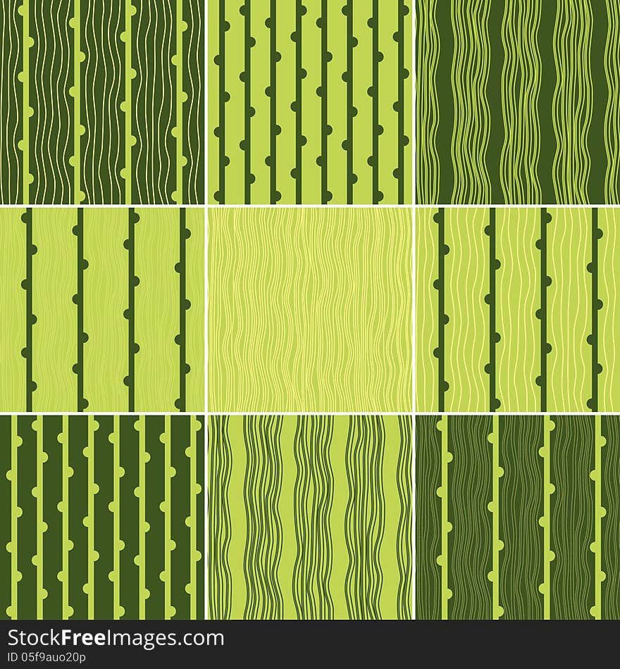 Set of green seamless pattern with vertical wavy lines and semicircles. Set of green seamless pattern with vertical wavy lines and semicircles