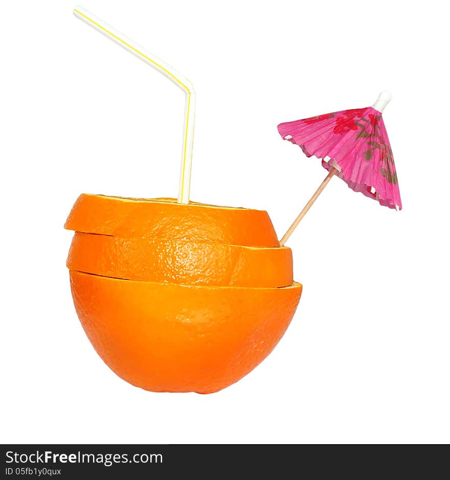 Cocktail of orange with a straw and an umbrella on a white background