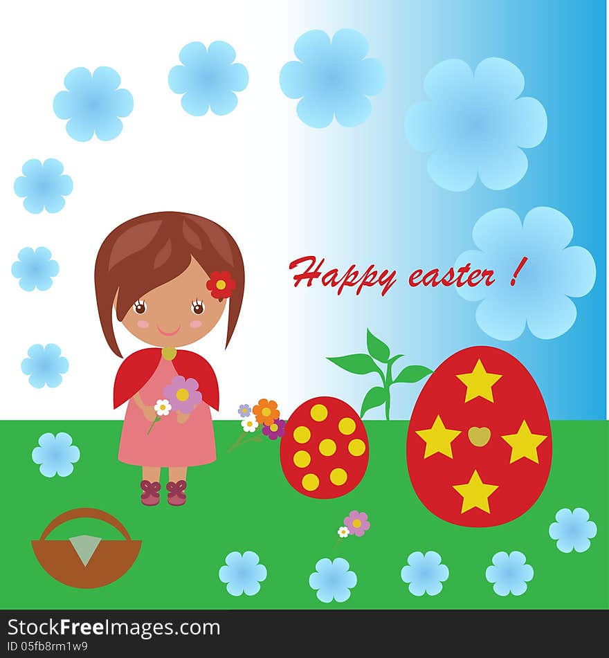 Illustration of easter girl with red egs.