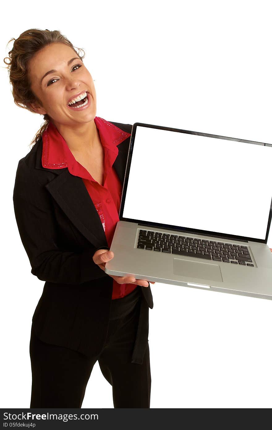 Beautiful caucasion business female happy holding laptop