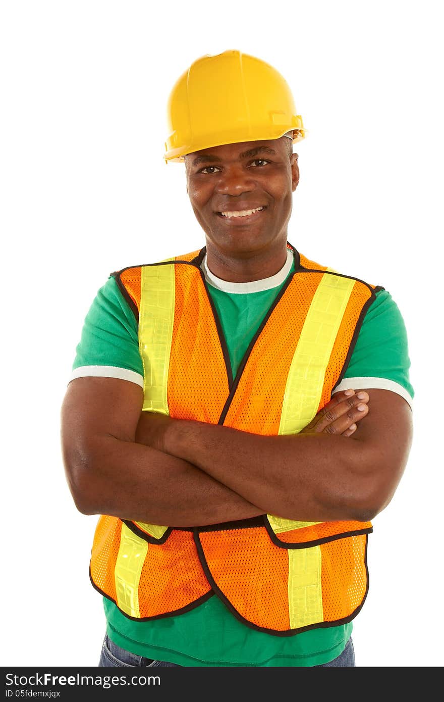 Happy african american construction with arms crossed isolated on white