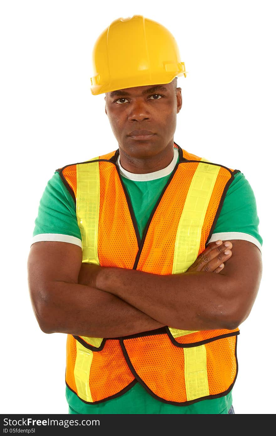 Serious african american construction with arms crossed isolated on white background