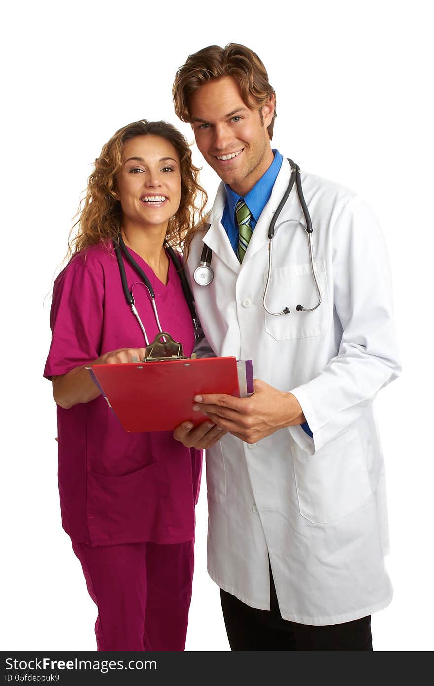 Attractive young doctor and nurse with good news