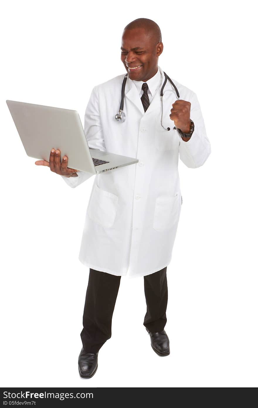 Portrait of African-American doctor holding laptop excited in front of white background, studio shot. Portrait of African-American doctor holding laptop excited in front of white background, studio shot