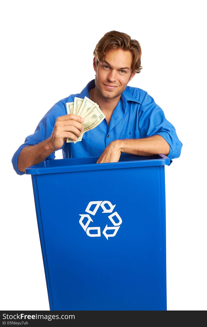 Caucasion Male With Recycle Bin Holding Money