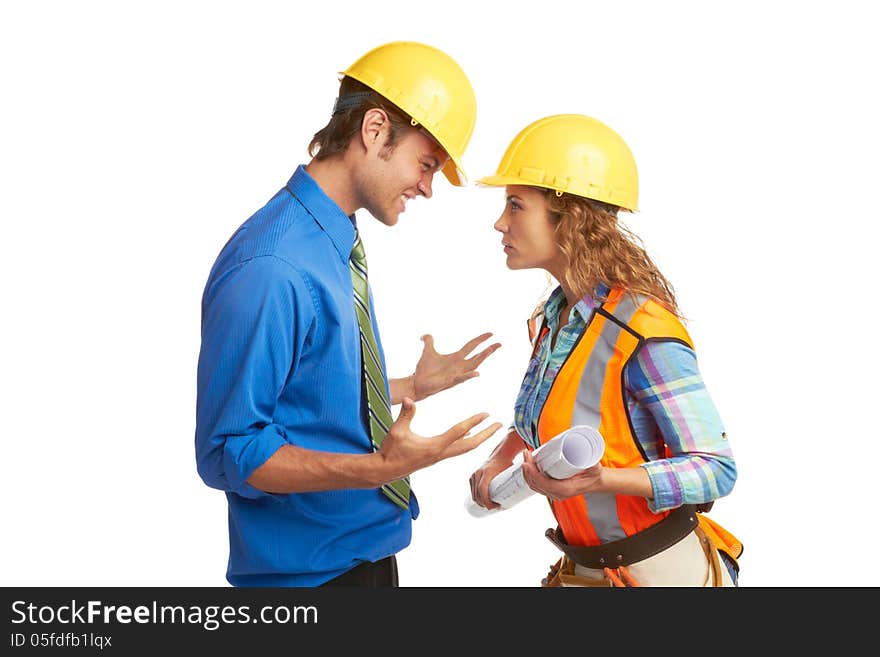 Angry Architect And Construction Worker isolated on white. Horizontal Shot.