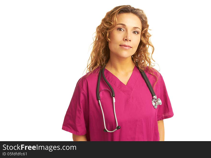 Confident beautiful female healthcare practitioner isolated on white background with copy space