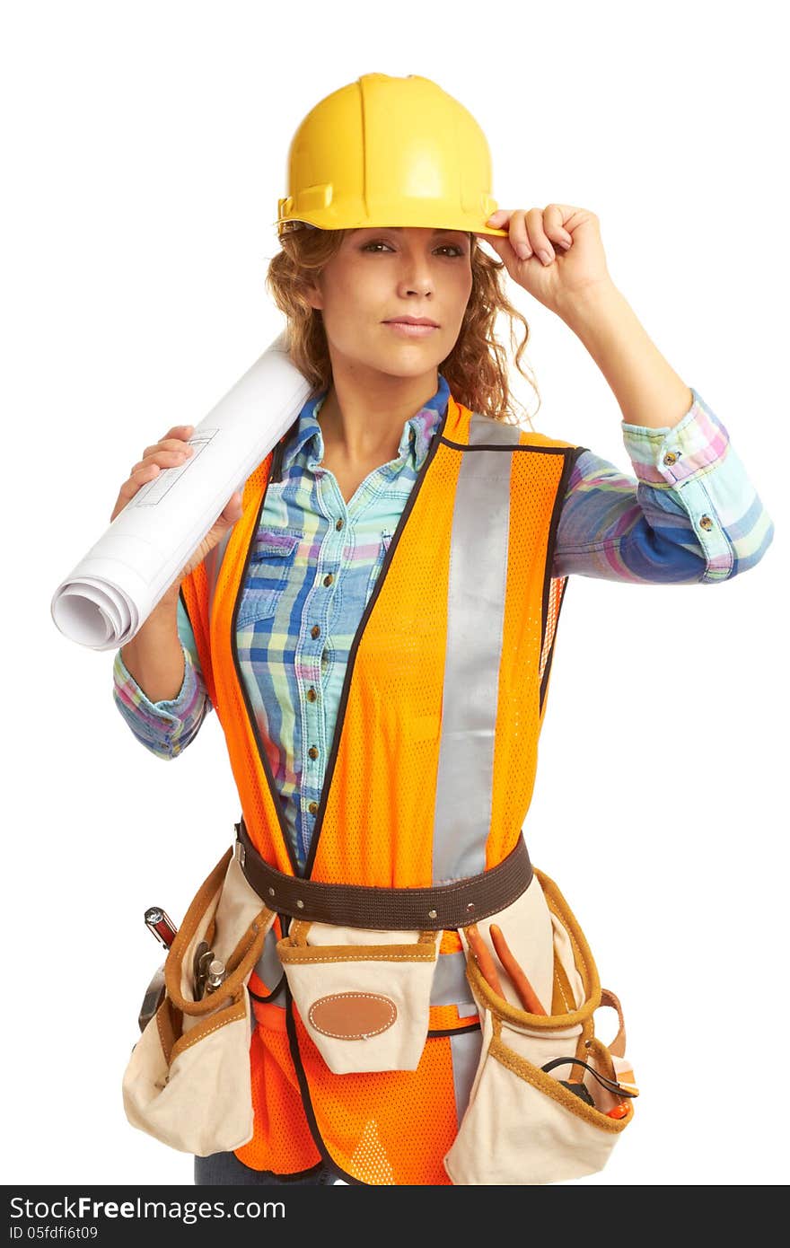 Happy content beautiful female construction worker holding blueprints isolated on white background.