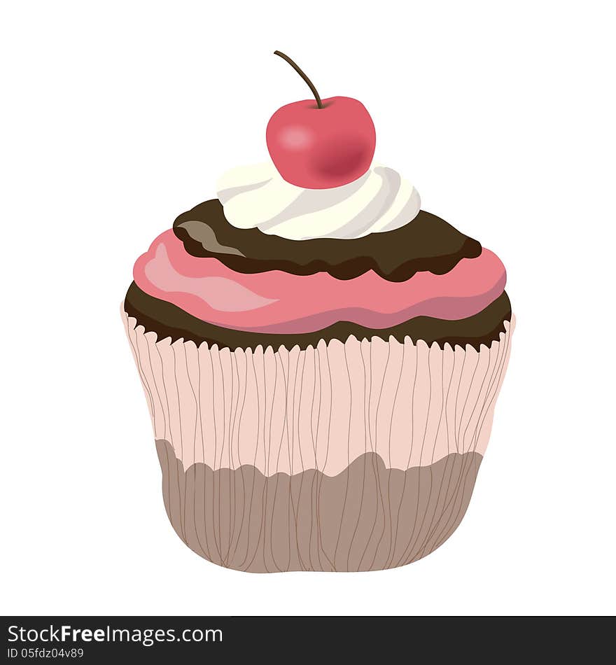 Chocolate cupcake with cherry on white background