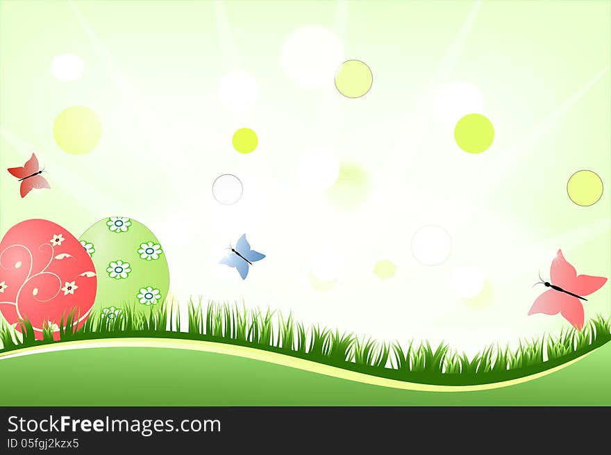 Easter background with grass, egss and butterflies