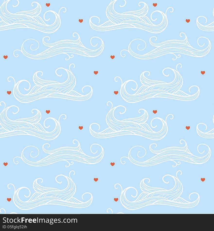 Vector seamless background with clouds and hearts