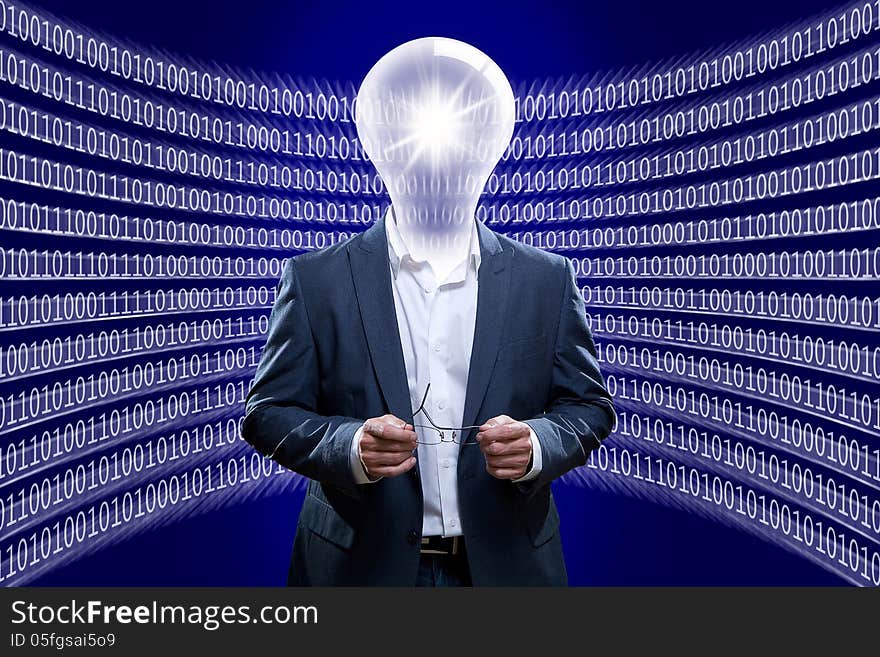 Business man or IT manager with a light bulb head standing in front of zeros and ones to illustrate computer technology ideas. Business man or IT manager with a light bulb head standing in front of zeros and ones to illustrate computer technology ideas.