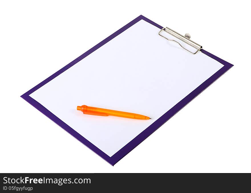 A piece of blank paper and orange pen on clipboard, isolated on white. A piece of blank paper and orange pen on clipboard, isolated on white