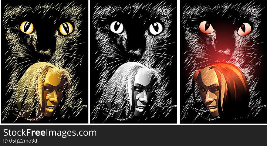 The woman face against a cat looking at you drawn in poster graphic style in different colour variations. The woman face against a cat looking at you drawn in poster graphic style in different colour variations