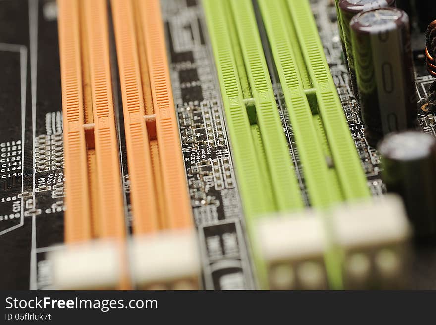 Close up of electronic board with circuits and components