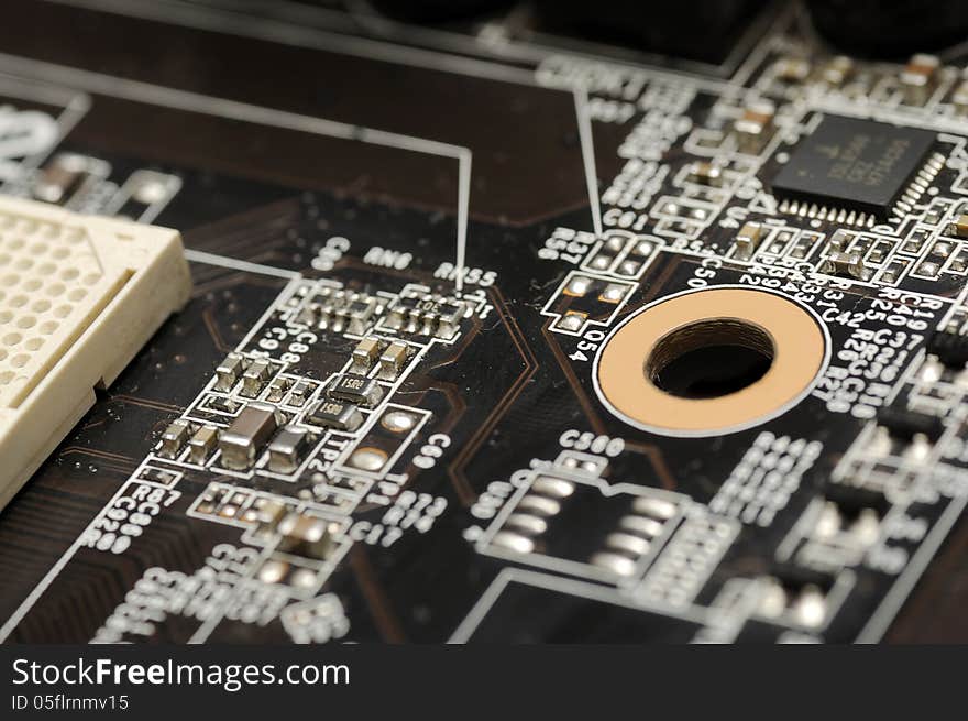 Close up of electronic board with circuits and components