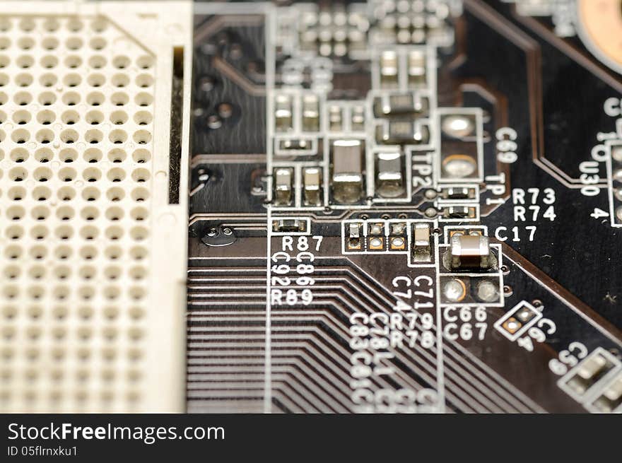 Close up of electronic board with circuits and components