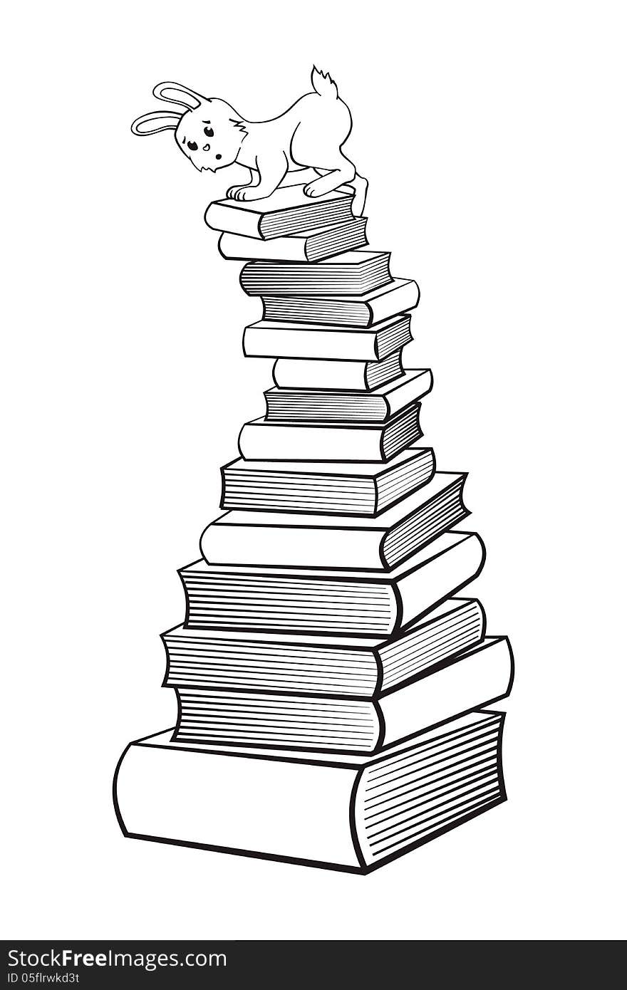 Rabbit and books. Isolated black and white. Vector illustration