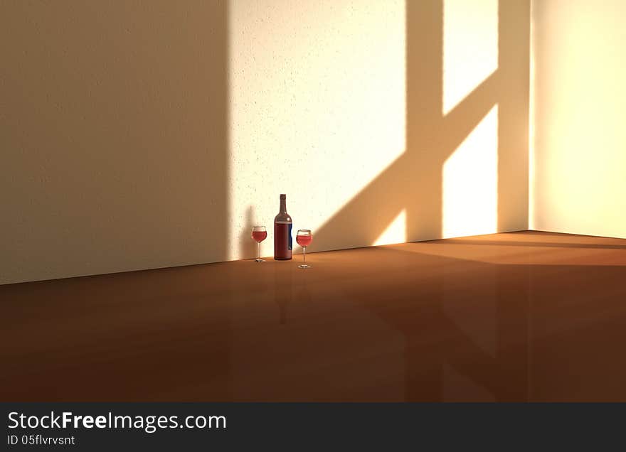 Illustration of room with glasses and wine bottle