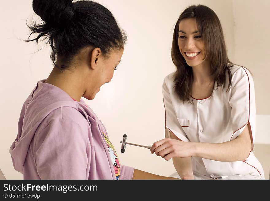 Portrait of doctor examine patient, two women