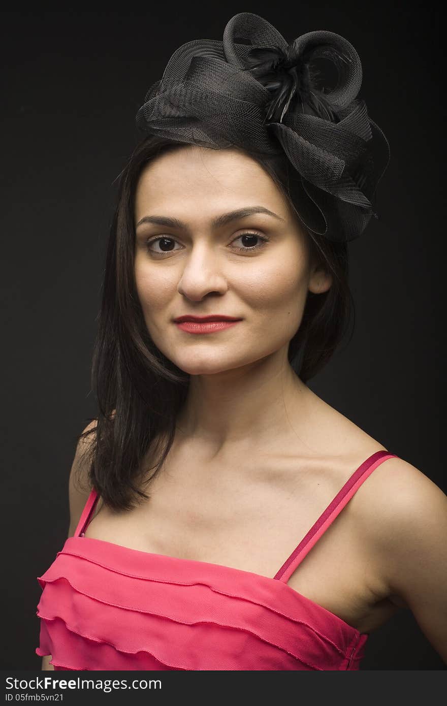 Portrait Of Beauty Young Lady In Pretty Little Hat With Handbag