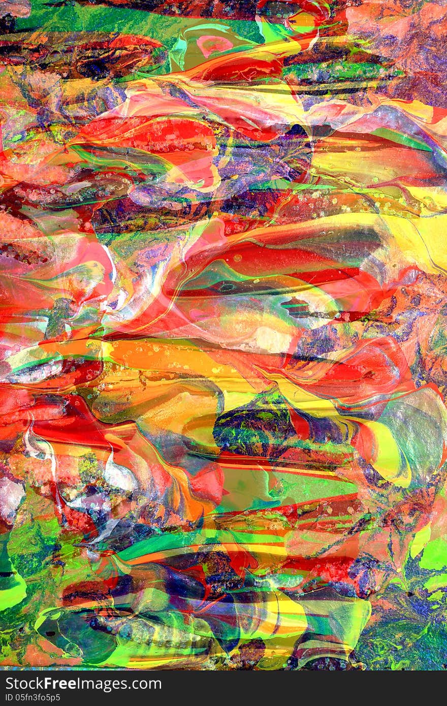 Composing of two abstract paintings one of them containing oaralles streaks of subdued paint, the rest is all swirling curly colors. Composing of two abstract paintings one of them containing oaralles streaks of subdued paint, the rest is all swirling curly colors