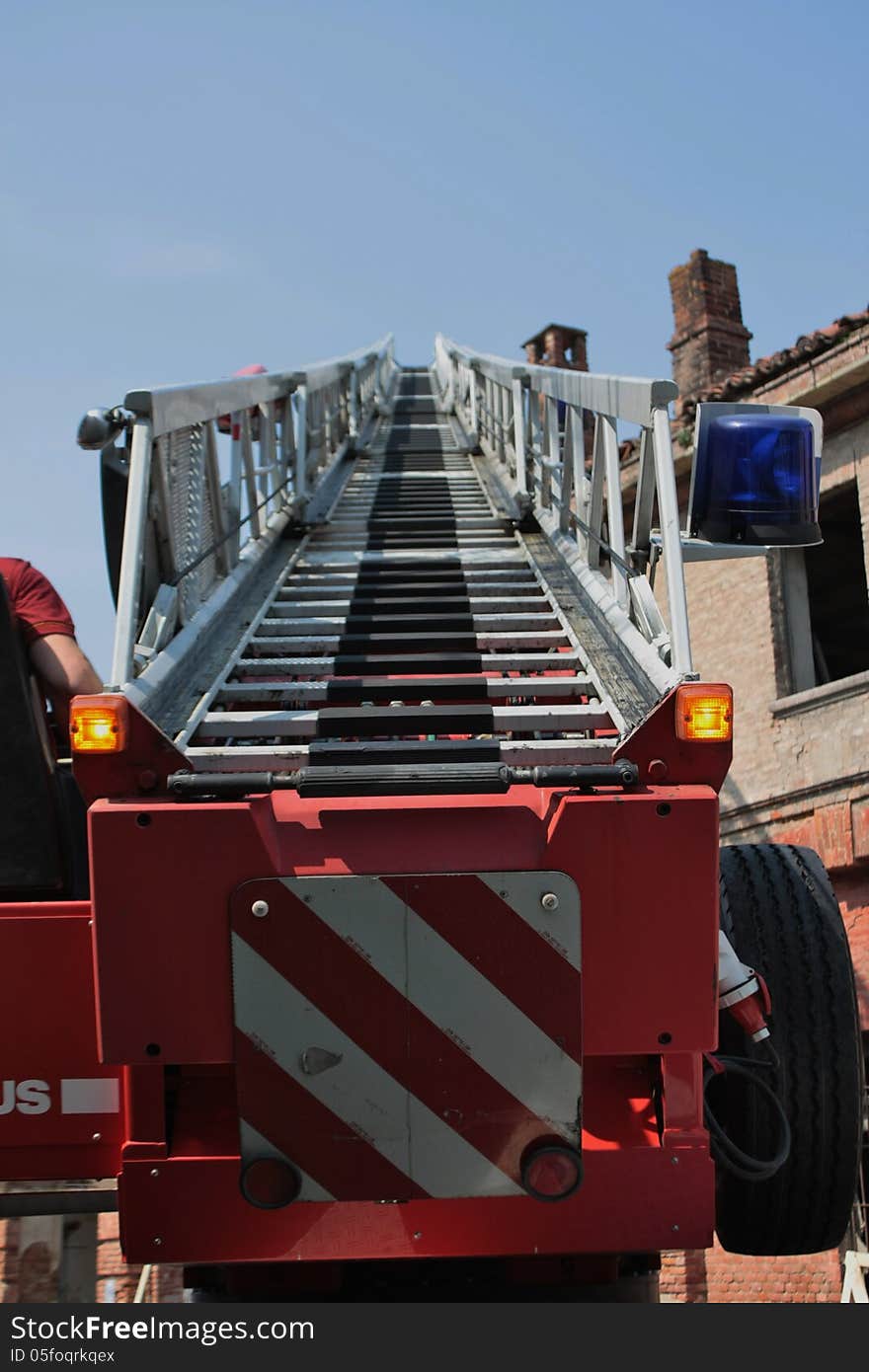 Close up of an extensible stairs of a fire fighters' truck. Close up of an extensible stairs of a fire fighters' truck