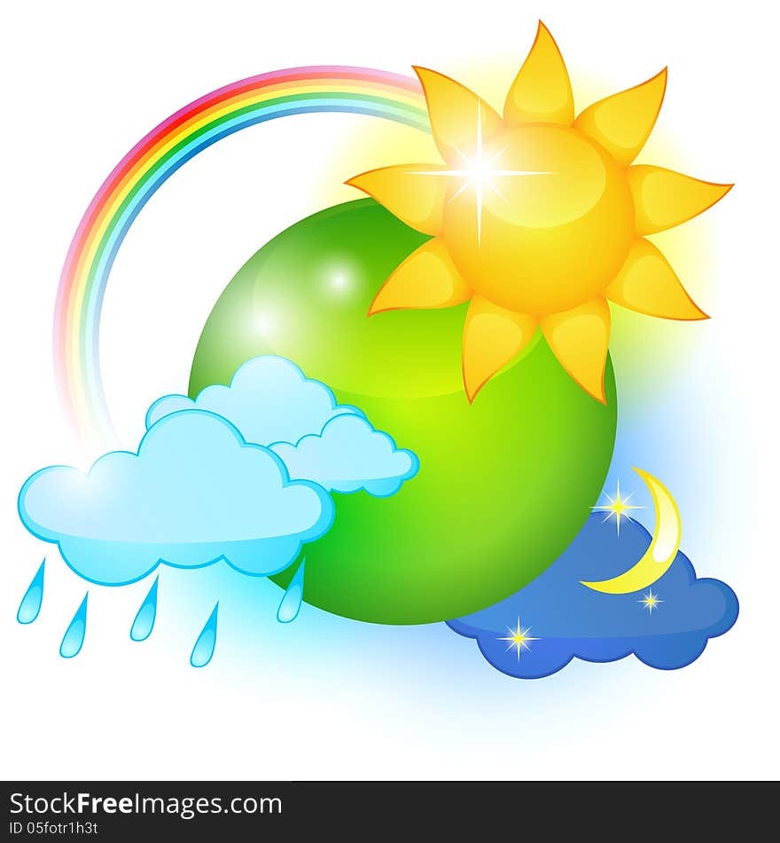 Big icon of different weathers around green planet. Big icon of different weathers around green planet