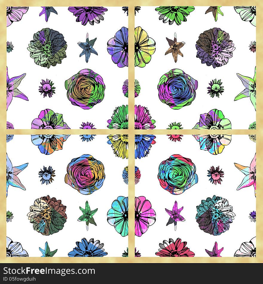 Set of seamless floral patterns filled with a colorful fabric overlay. Set of seamless floral patterns filled with a colorful fabric overlay